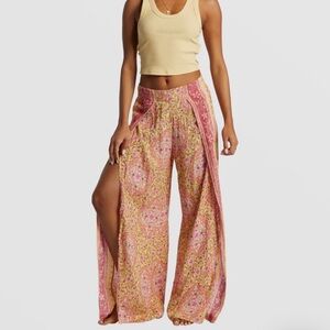 Floral Pink and Yellow Wide-Leg Pants